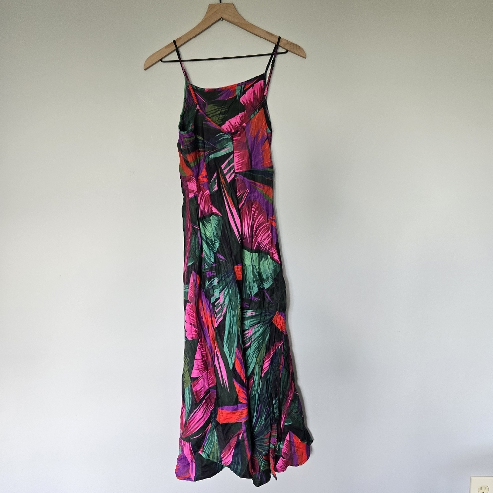 Farm Rio Midnight Leaves Viscose Cut Out Dress Size Medium Satin Slip Tropical - Picture 3 of 6